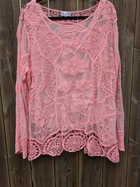 Blair 2XL Pink Lace Crochet Tunic Top